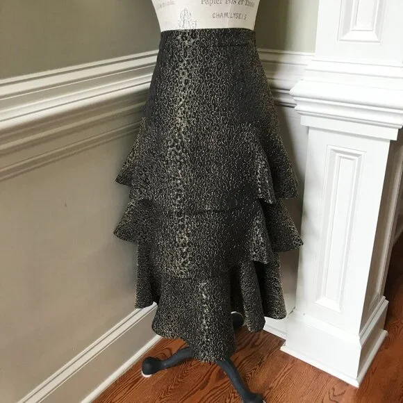 Charlotte Brody Cascade Ruffle Midi Skirt Womens 8 Black Gold High Rise Tiered